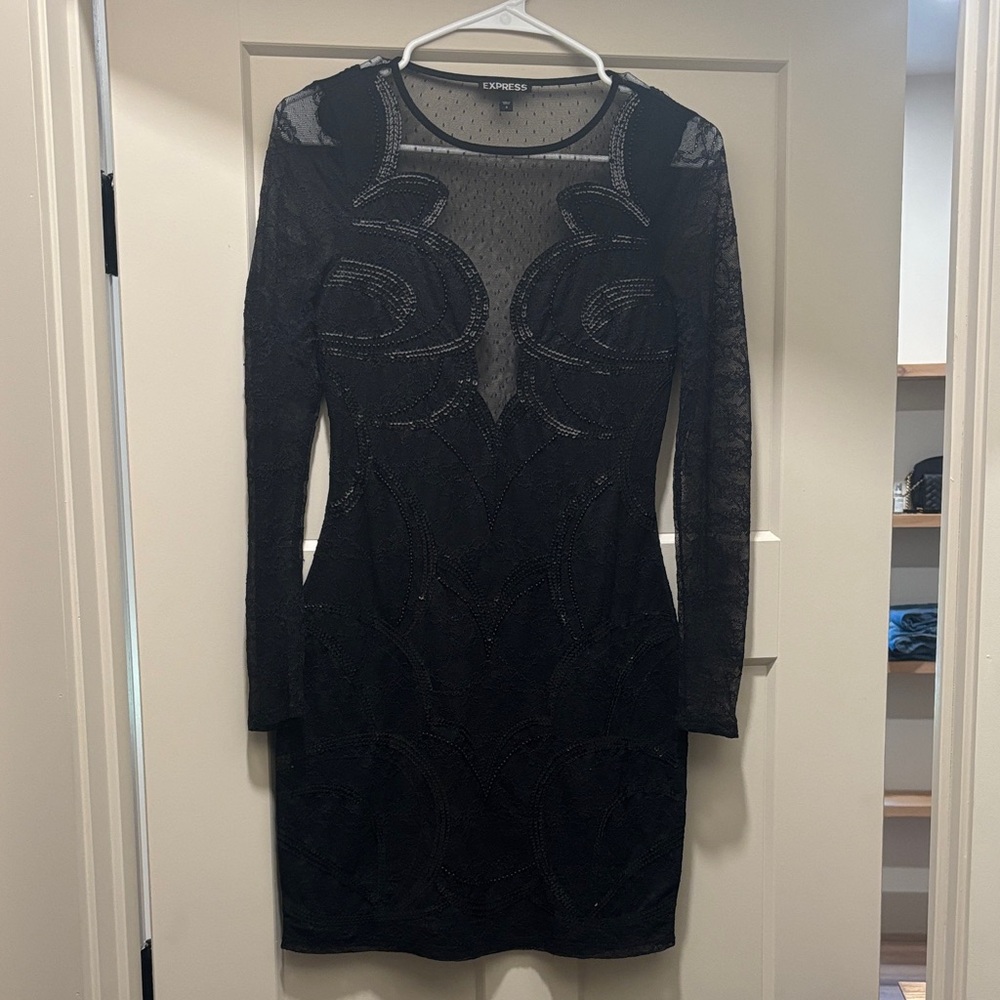 Express Black Long Sleeve Lace/Sequin Dress